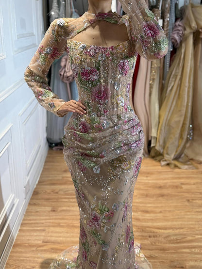 Luxury Nude Pink Beaded Long Sleeve Mermaid Evening Dress LA73552FF