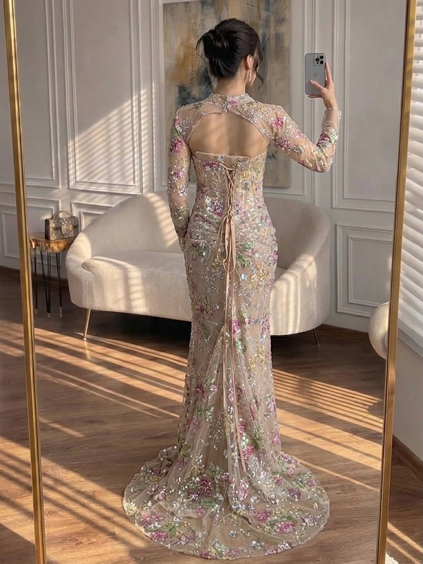 Luxury Nude Pink Beaded Long Sleeve Mermaid Evening Dress LA73552FF
