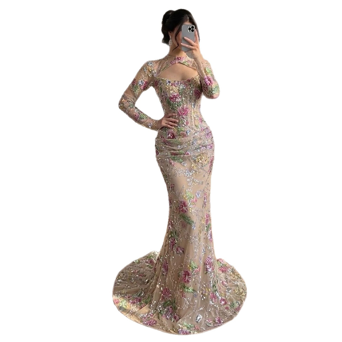 Luxury Nude Pink Beaded Long Sleeve Mermaid Evening Dress LA73552FF
