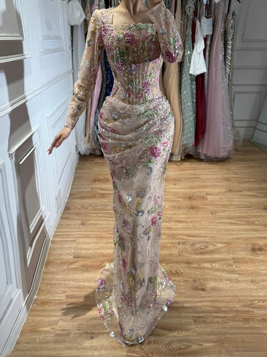 Elegant Nude Pink Floral Corset Long Sleeve Mermaid Evening Dress LA73552G