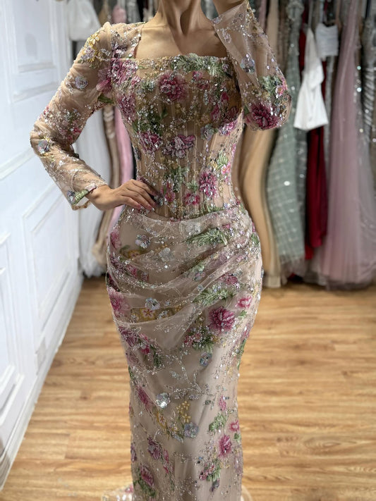 Elegant Nude Pink Floral Corset Long Sleeve Mermaid Evening Dress LA73552G
