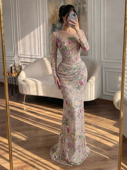 Elegant Nude Pink Floral Corset Long Sleeve Mermaid Evening Dress LA73552G