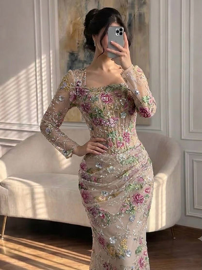 Elegant Nude Pink Floral Corset Long Sleeve Mermaid Evening Dress LA73552G