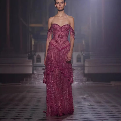 Luxury Fuchsia Off-the-Shoulder Beaded Tassels A-Line Evening Dress LA73594
