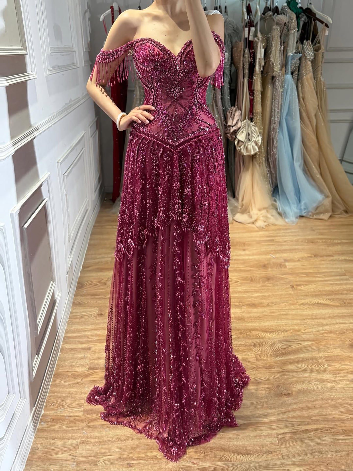 Luxury Fuchsia Off-the-Shoulder Beaded Tassels A-Line Evening Dress LA73594