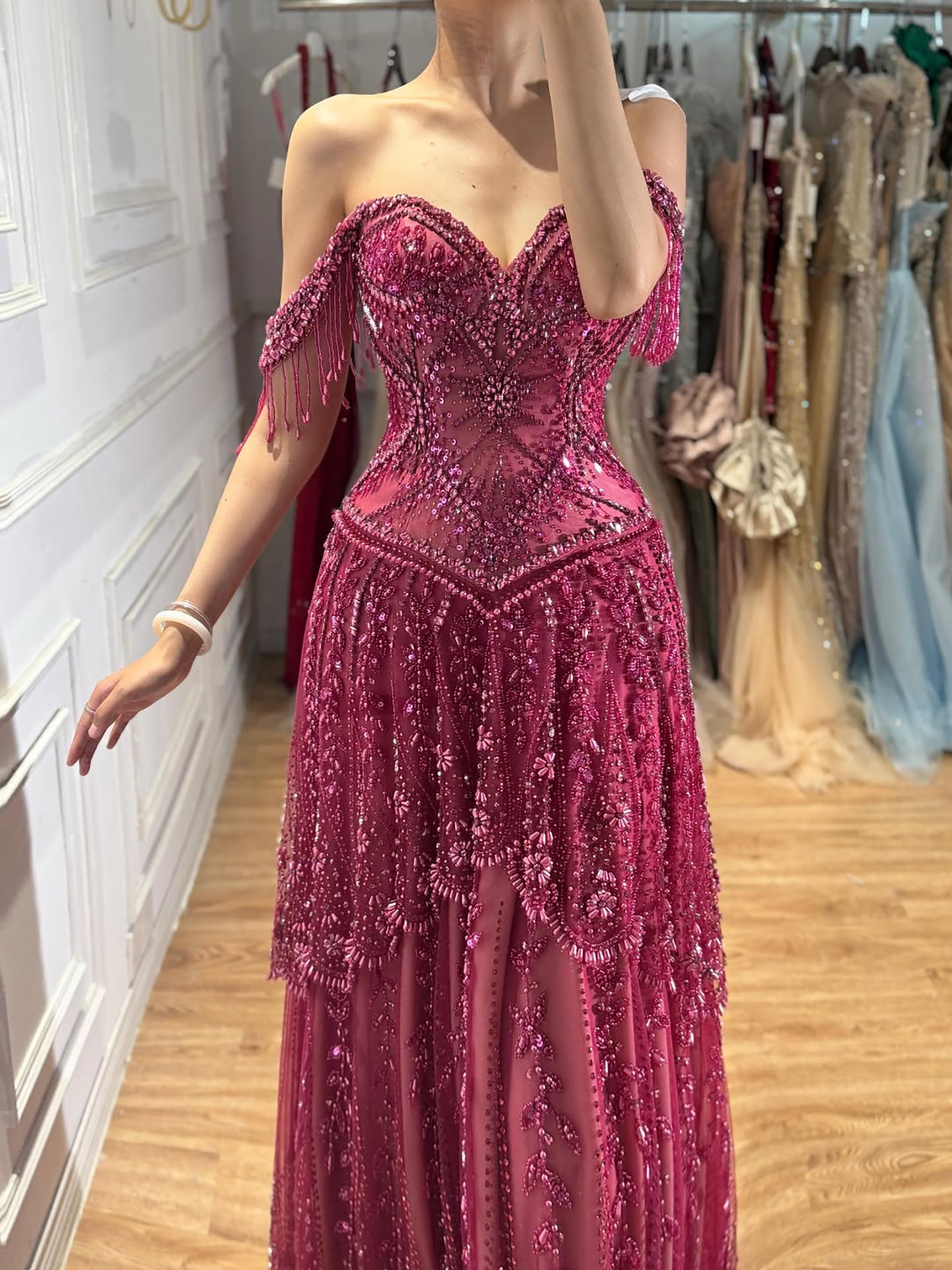 Luxury Fuchsia Off-the-Shoulder Beaded Tassels A-Line Evening Dress LA73594