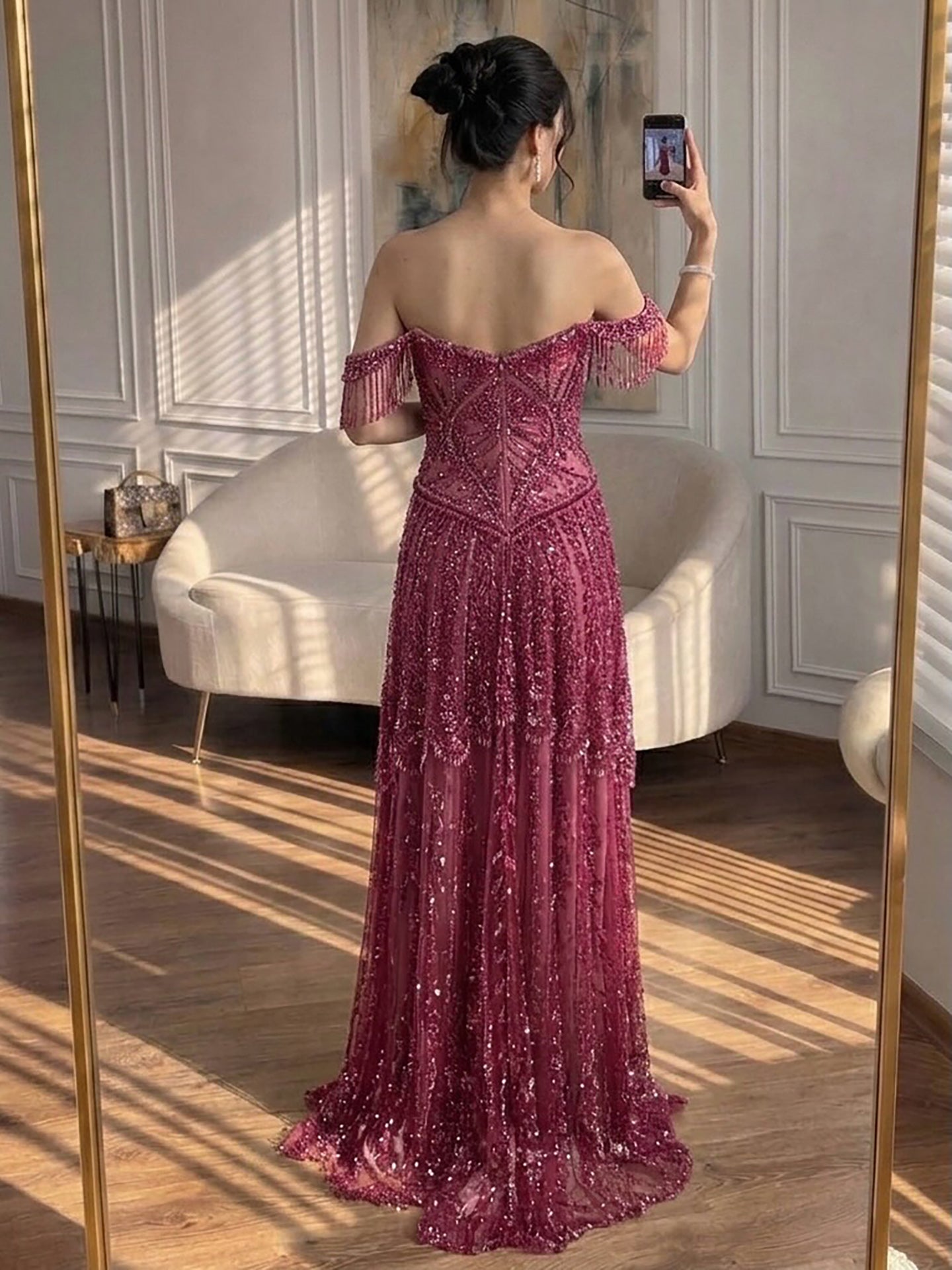 Luxury Fuchsia Off-the-Shoulder Beaded Tassels A-Line Evening Dress LA73594