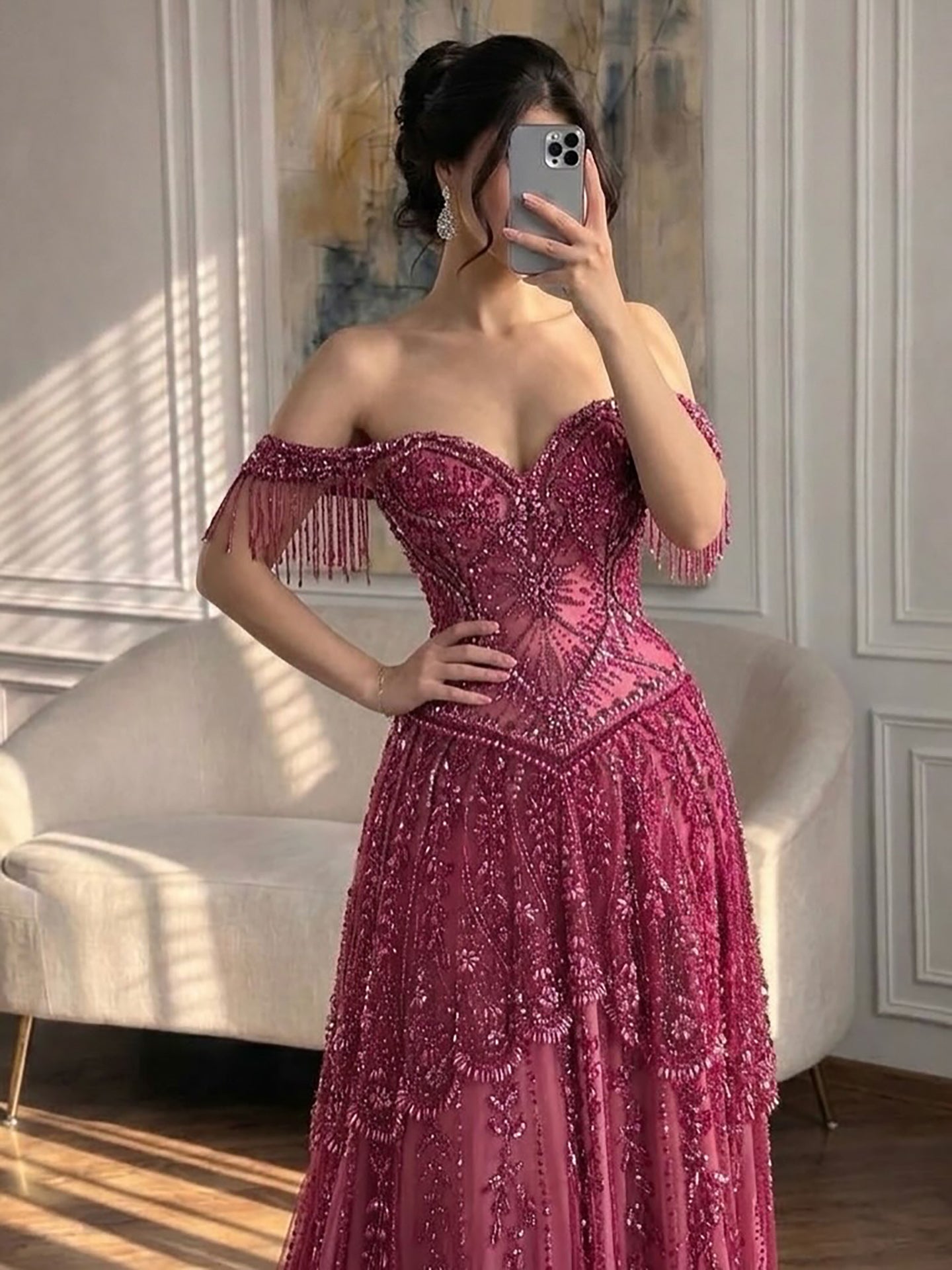 Luxury Fuchsia Off-the-Shoulder Beaded Tassels A-Line Evening Dress LA73594