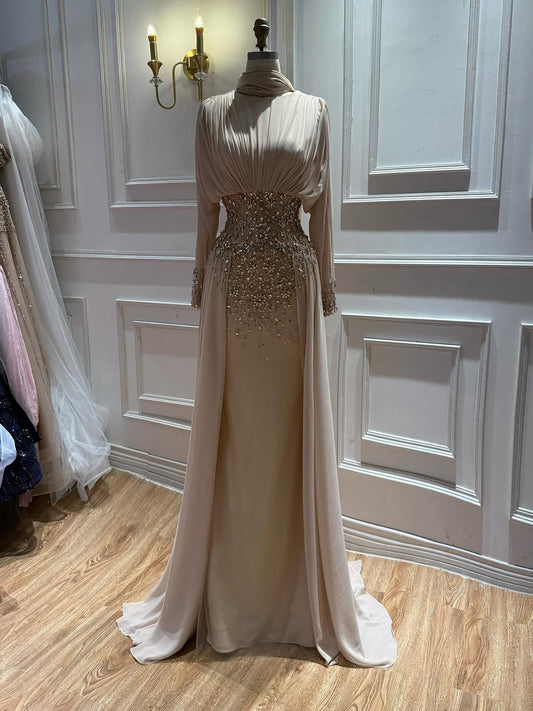 Modest Nude Beaded Long Sleeves Evening Dress Formal Gown LA73598