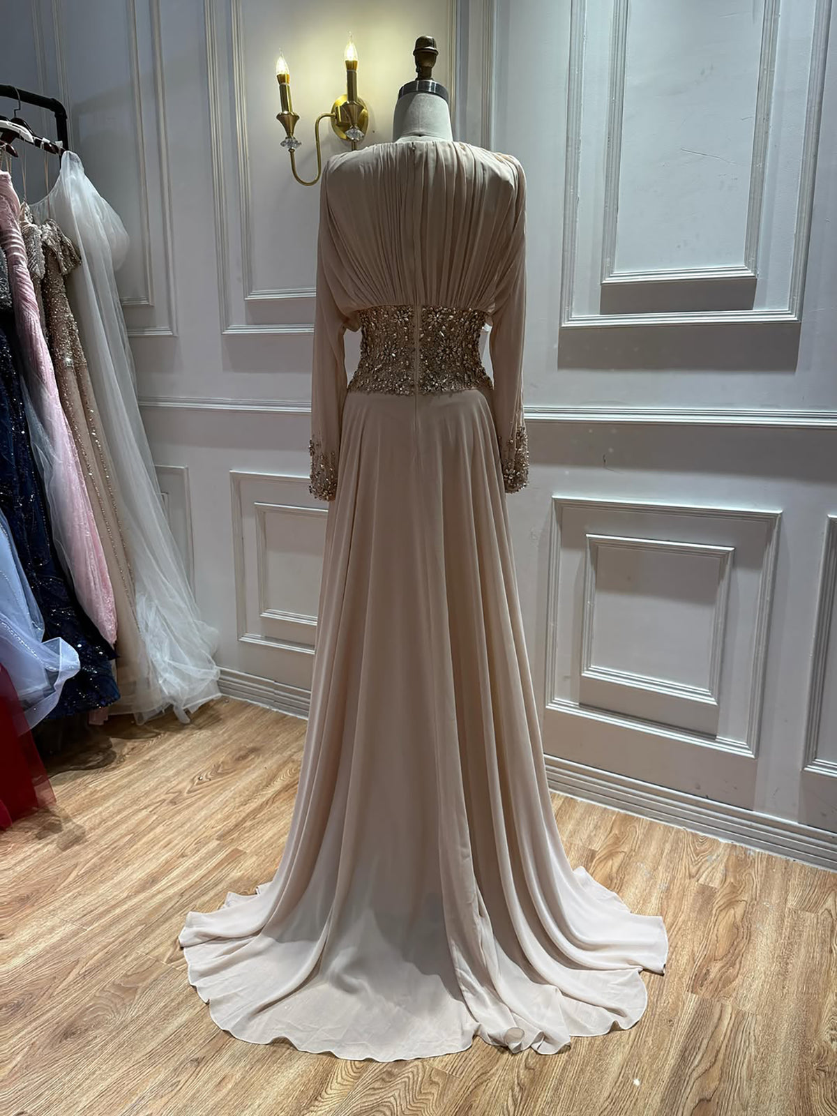 Modest Nude Beaded Long Sleeves Evening Dress Formal Gown LA73598