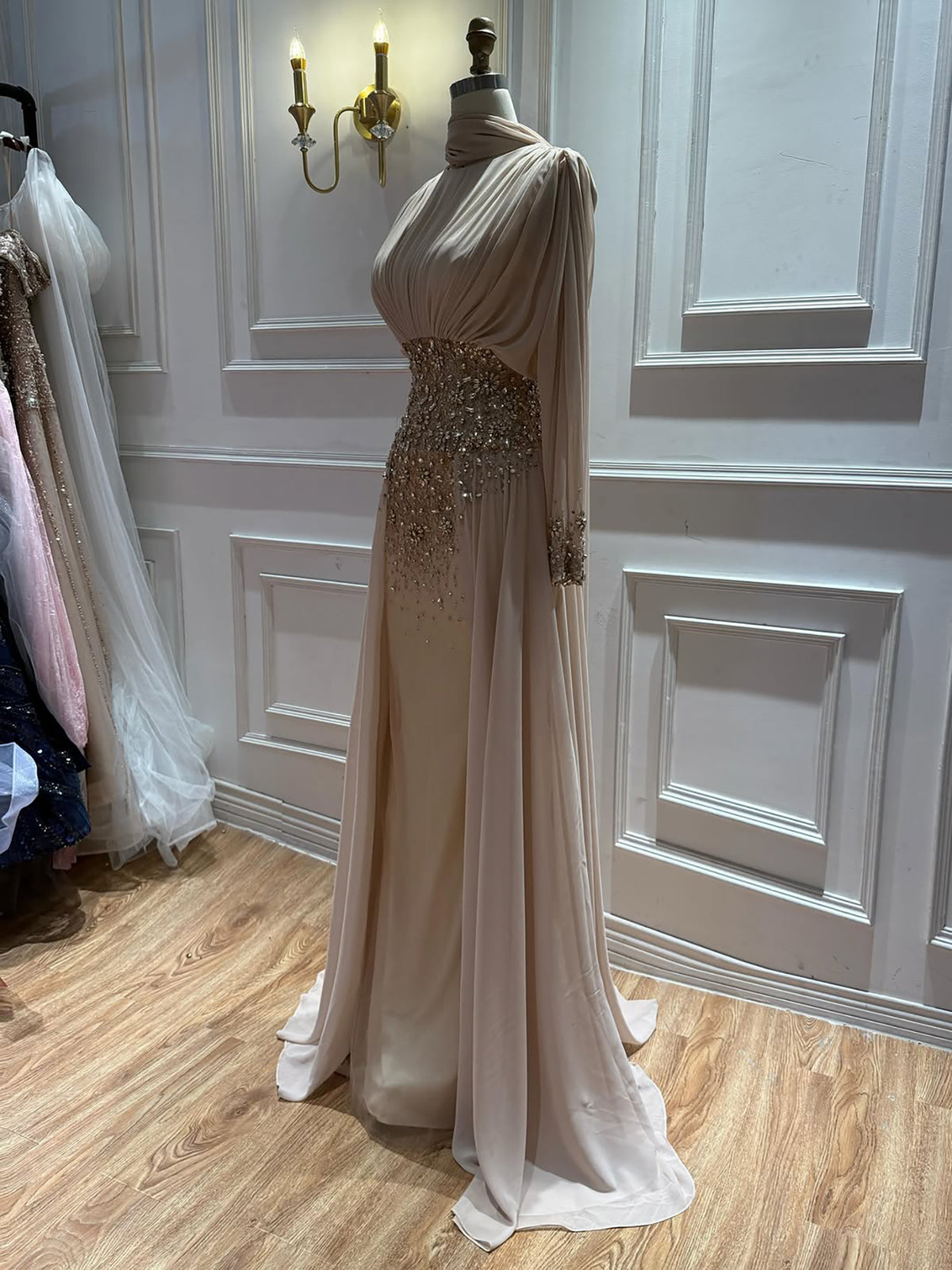 Modest Nude Beaded Long Sleeves Evening Dress Formal Gown LA73598