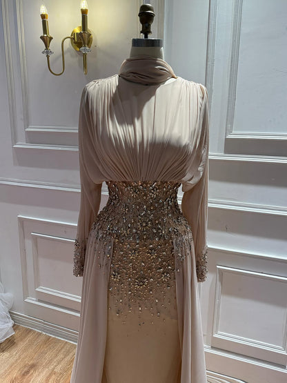 Modest Nude Beaded Long Sleeves Evening Dress Formal Gown LA73598