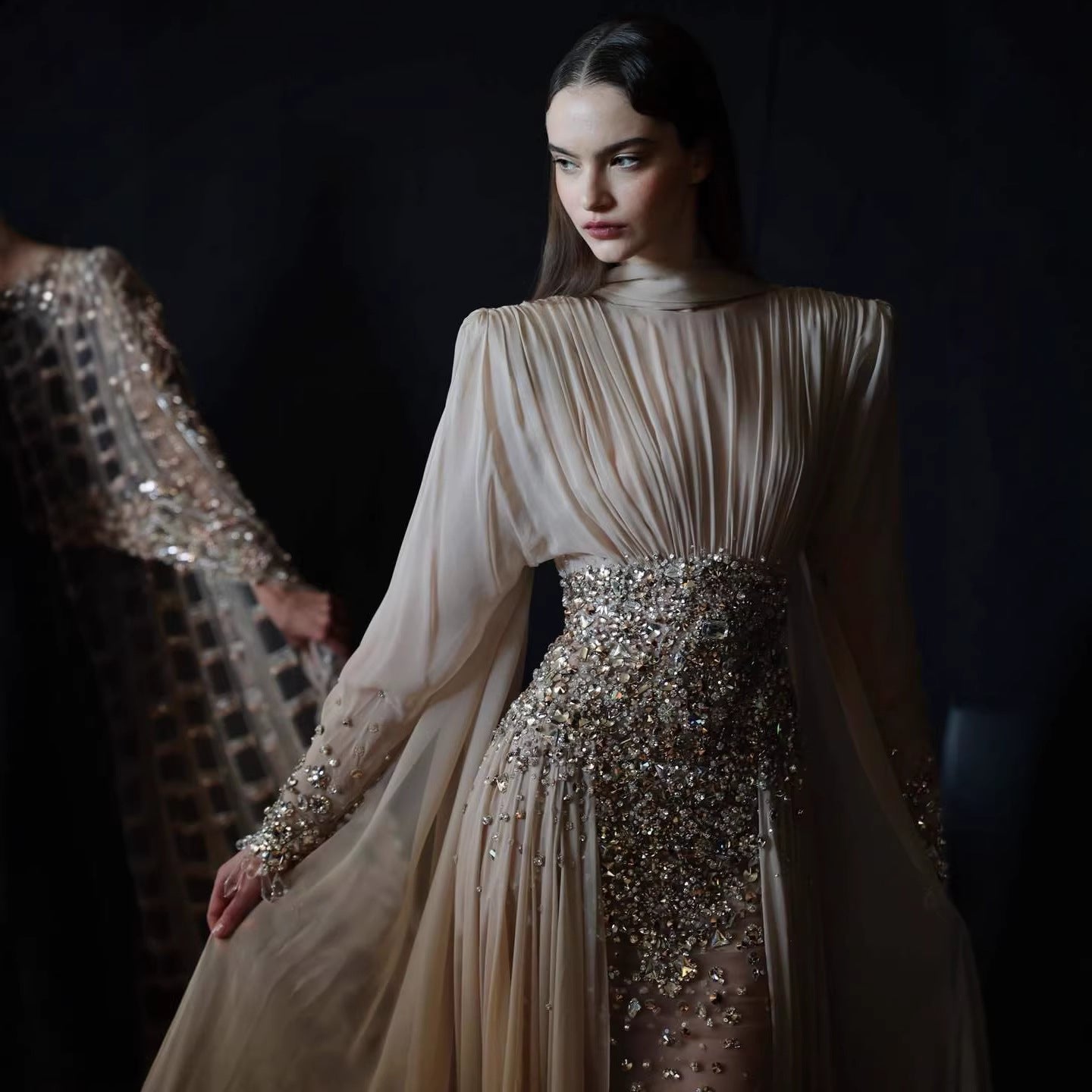Modest Nude Crystal Beaded Long Sleeves Evening Dress Formal Gown LA73598
