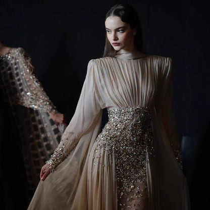 Modest Nude Crystal Beaded Long Sleeves Evening Dress Formal Gown LA73598