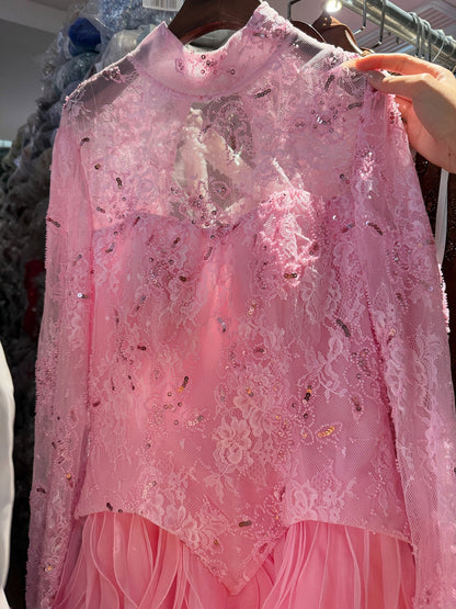 Luxury Pink Beaded High Neck Long Sleeve Ball Gown LA73603B