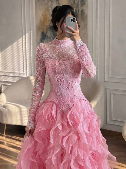 Luxury Pink Beaded High Neck Long Sleeve Ball Gown LA73603B