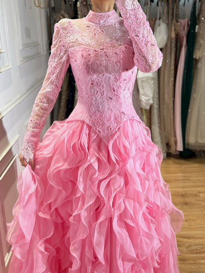 Luxury Pink Beaded High Neck Long Sleeve Ball Gown LA73603B