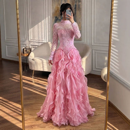 Luxury Pink Beaded High Neck Long Sleeve Ball Gown LA73603B