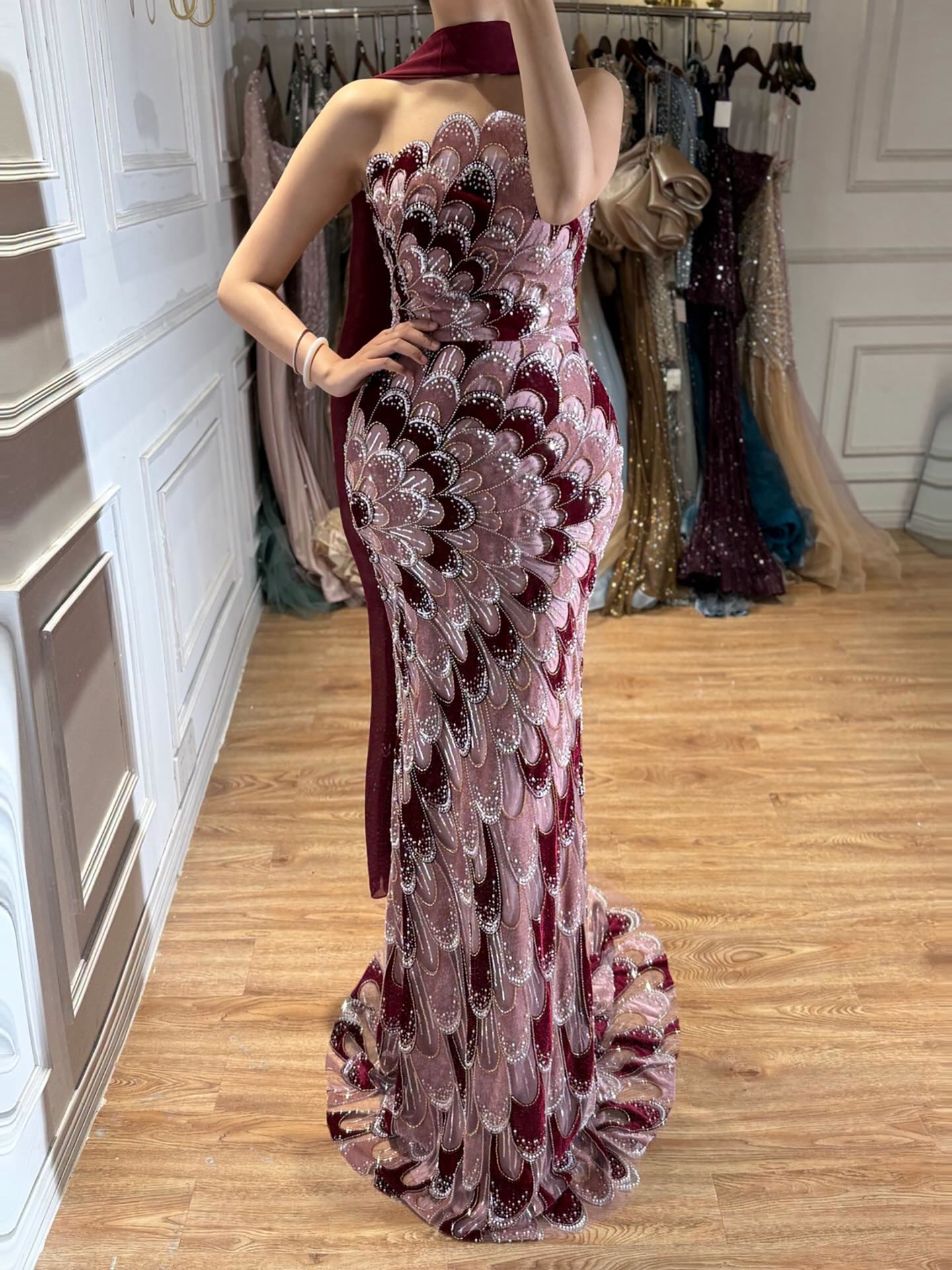 Luxury Pink Strapless Beaded Mermaid Evening Dress with Scarf LA73607