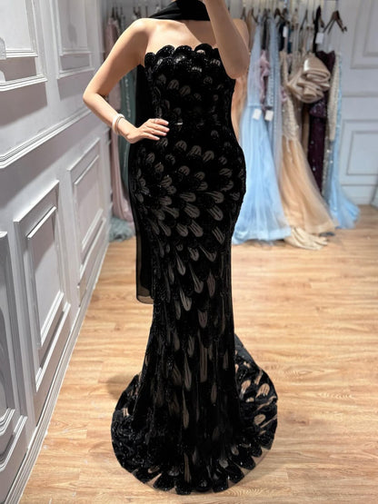 Luxury Pink Strapless Beaded Mermaid Evening Dress with Scarf LA73607