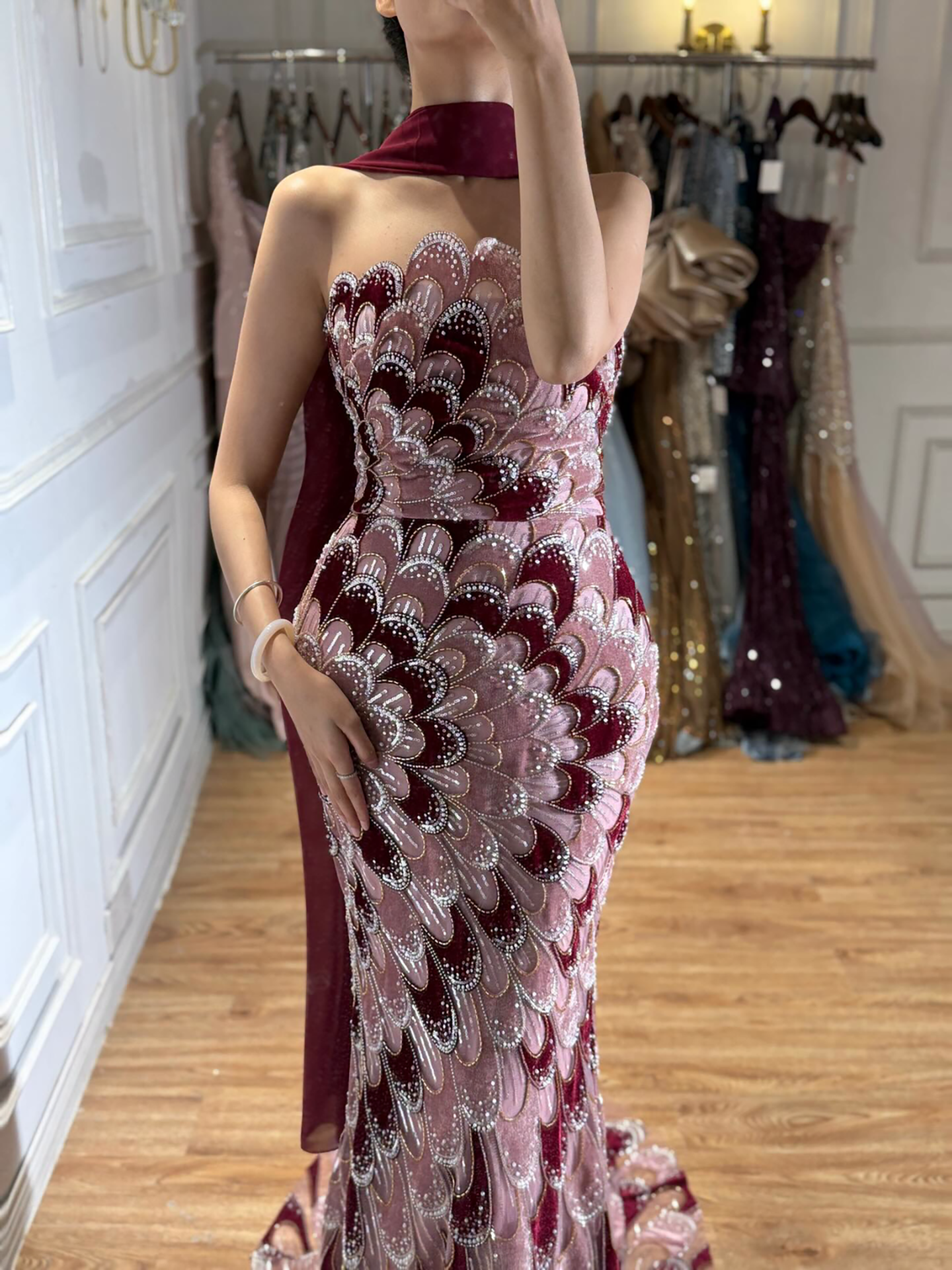 Luxury Pink Strapless Beaded Mermaid Evening Dress with Scarf LA73607