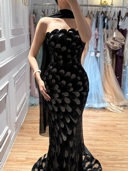 Luxury Pink Strapless Beaded Mermaid Evening Dress with Scarf LA73607
