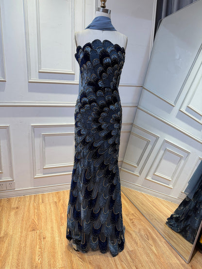 Luxury Pink Strapless Beaded Mermaid Evening Dress with Scarf LA73607