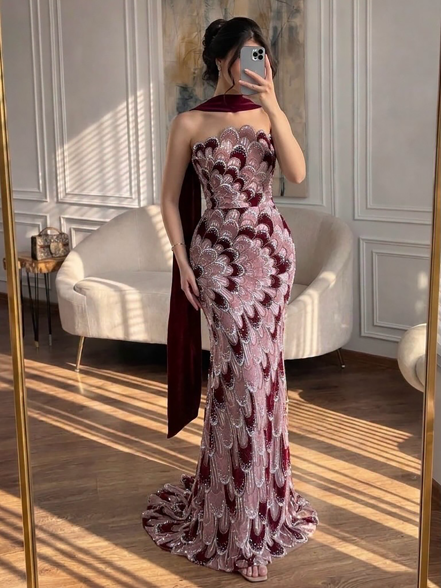 Luxury Pink Strapless Beaded Mermaid Evening Dress with Scarf LA73607