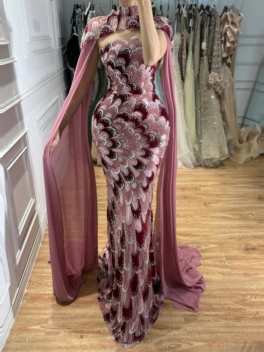 Pink Beaded Velvet Mermaid Evening Dress with Cape LA73607A