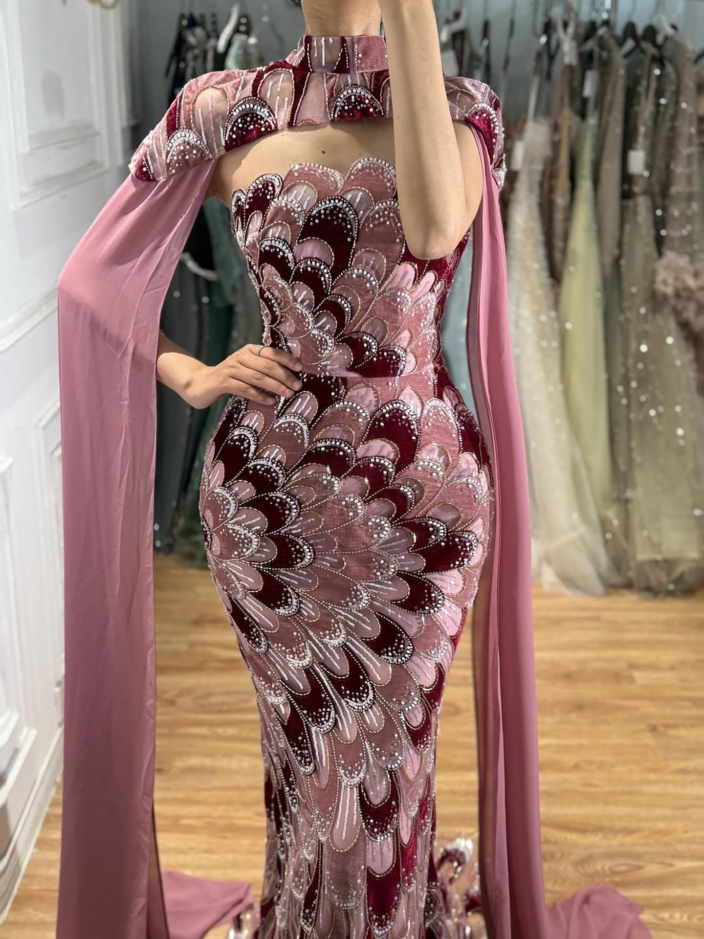 Pink Beaded Velvet Mermaid Evening Dress with Cape LA73607A