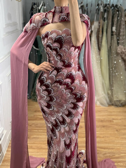 Pink Beaded Velvet Mermaid Evening Dress with Cape LA73607A