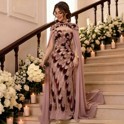 Pink Beaded Velvet Mermaid Evening Dress with Cape LA73607A