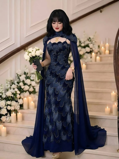Pink Beaded Velvet Mermaid Evening Dress with Cape LA73607A