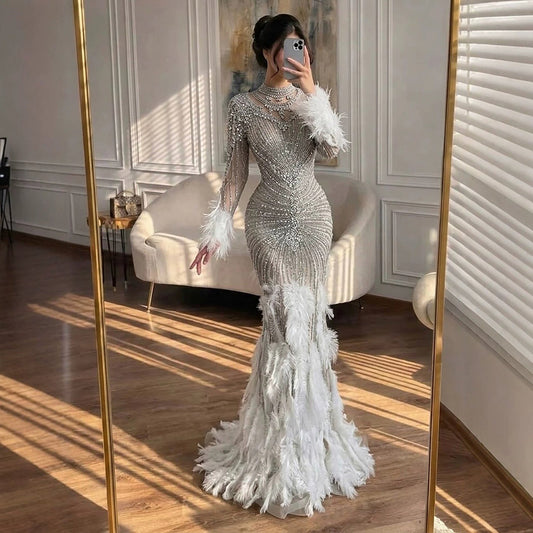 Grey Nude Crystal Beaded Modest Long Sleeve Mermaid Dress with Feathers LA73609
