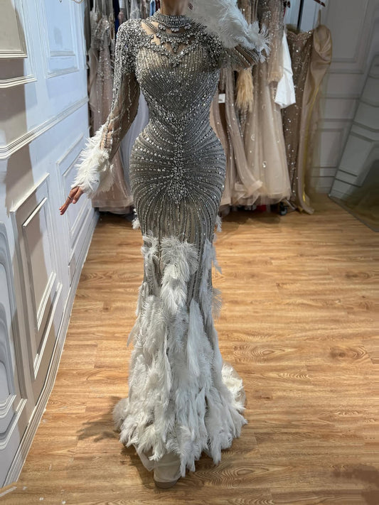 Grey Nude Crystal Beaded Modest Long Sleeve Mermaid Dress with Feathers LA73609