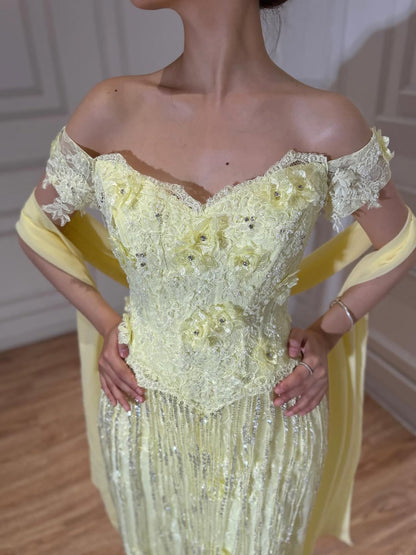 Saudi Yellow Lace Tassel Off Shoulder Evening Gown Wedding Guest Dress LA73614