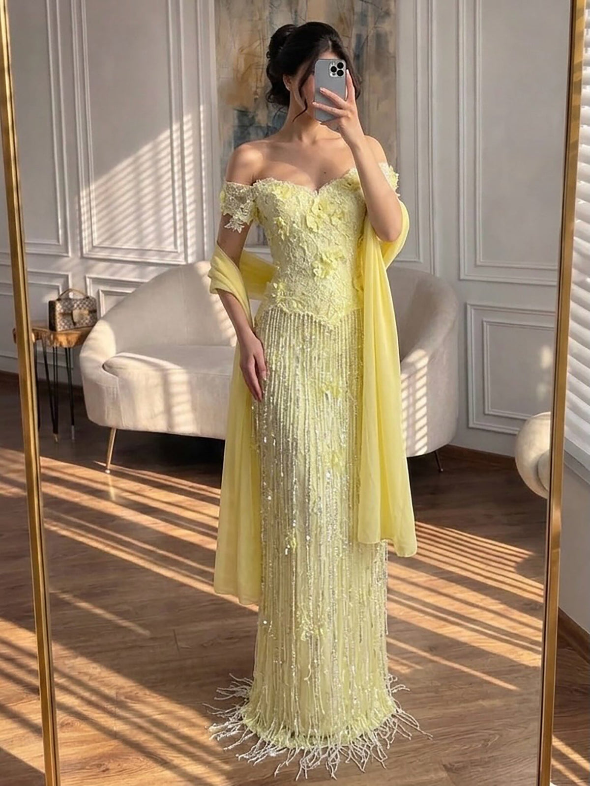 Saudi Yellow Lace Tassel Off Shoulder Evening Gown Wedding Guest Dress LA73614