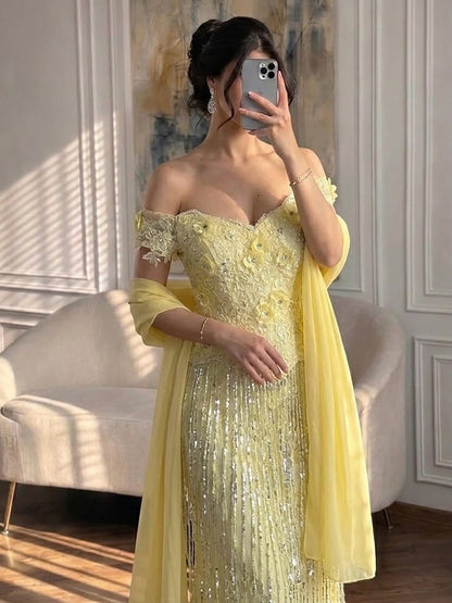 Saudi Yellow Lace Tassel Off Shoulder Evening Gown Wedding Guest Dress LA73614