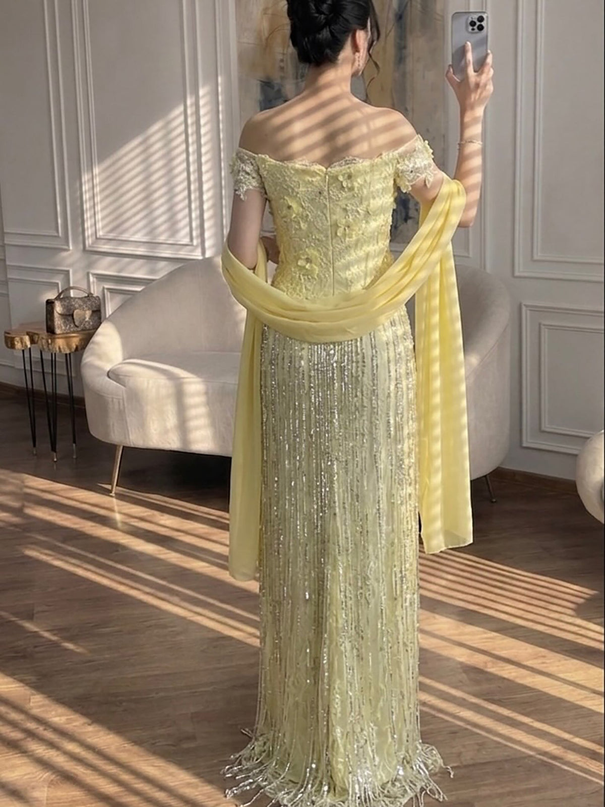 Saudi Yellow Lace Tassel Off Shoulder Evening Gown Wedding Guest Dress LA73614