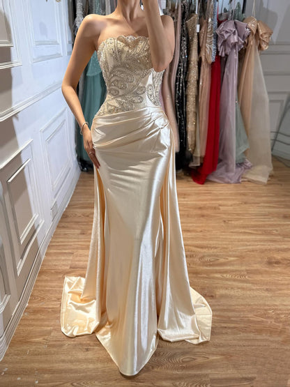 Champagne Strapless Beaded Satin Mermaid Evening Dress LA73622