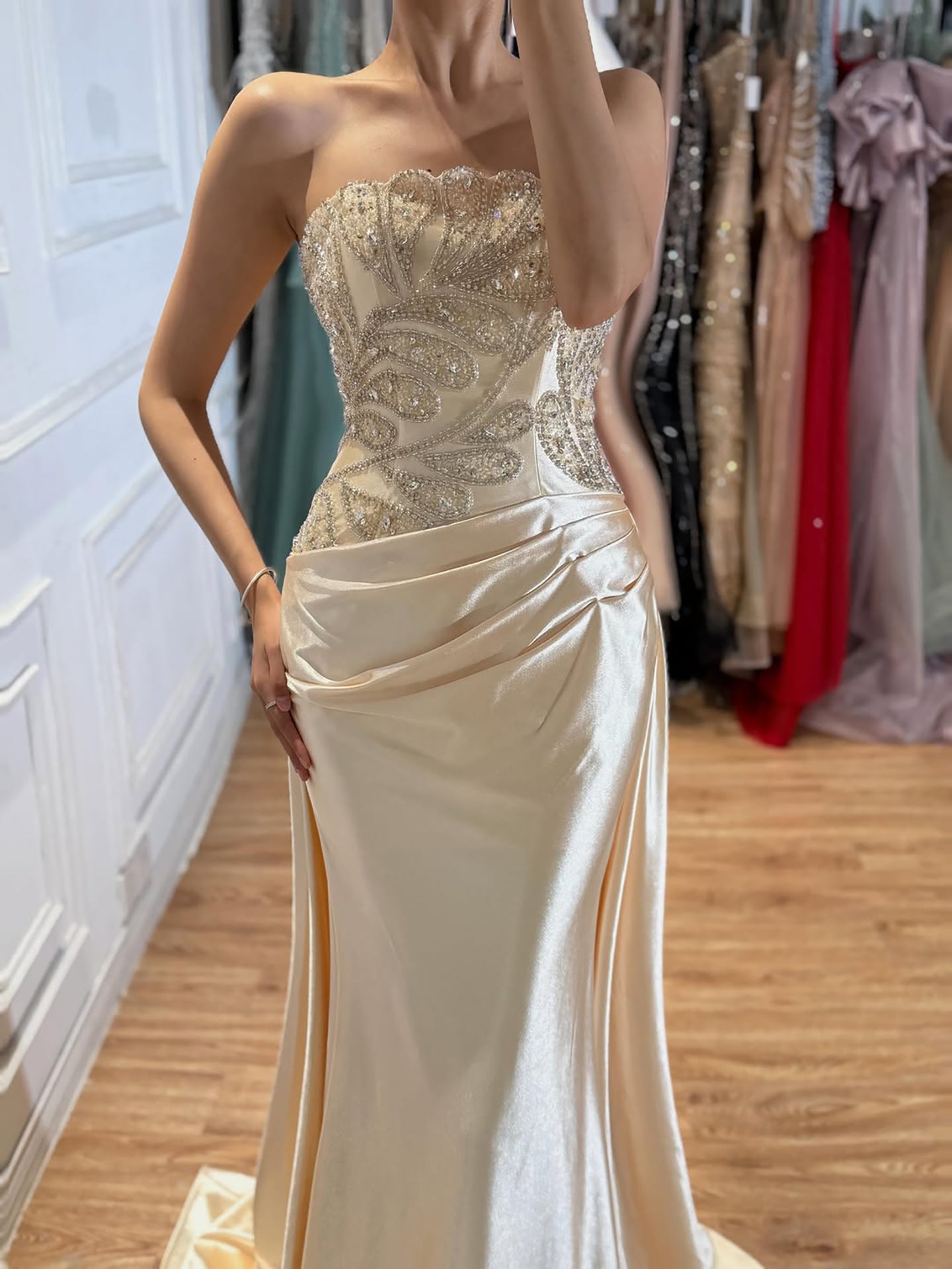 Champagne Strapless Beaded Satin Mermaid Evening Dress LA73622