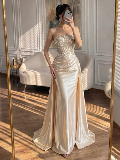 Champagne Strapless Beaded Satin Mermaid Evening Dress LA73622