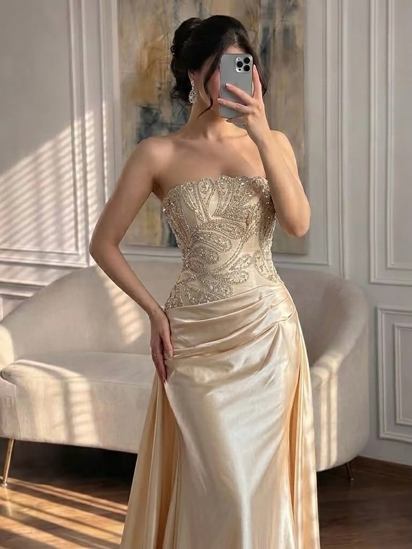 Champagne Strapless Beaded Satin Mermaid Evening Dress LA73622