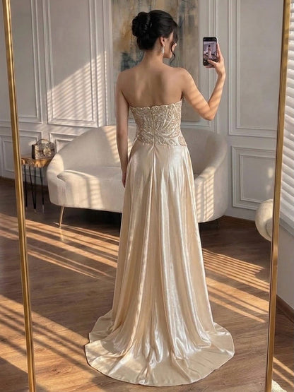 Champagne Strapless Beaded Satin Mermaid Evening Dress LA73622