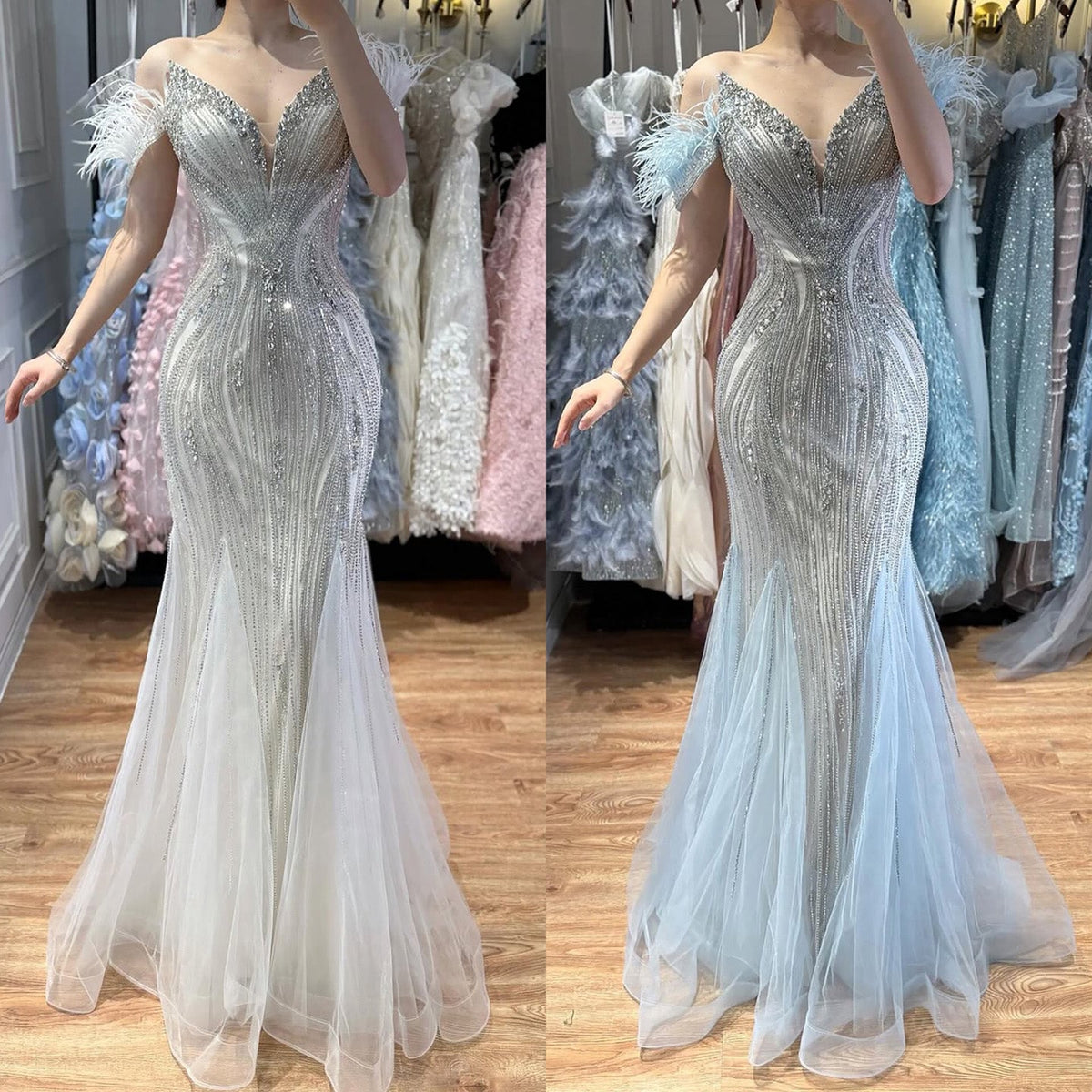 Beige Beaded V Neck Mermaid Evening Dress with Feathers LA73625