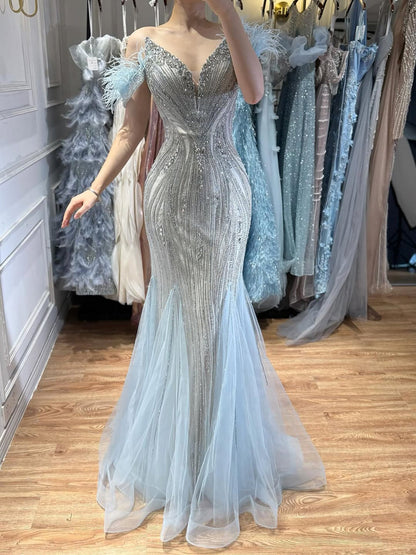 Beige Beaded V Neck Mermaid Evening Dress with Feathers LA73625