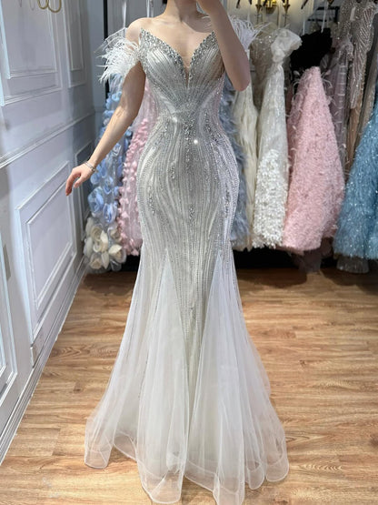 Beige Beaded V Neck Mermaid Evening Dress with Feathers LA73625