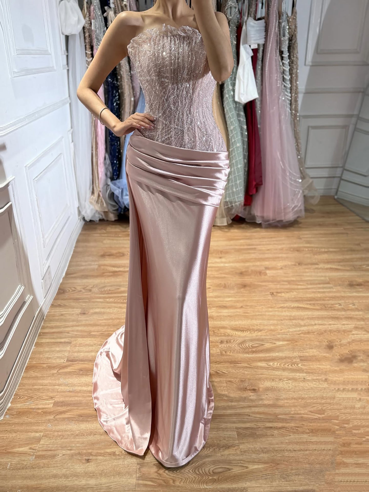 Pink Strapless Satin Mermaid Evening Dress with Slit LA73628