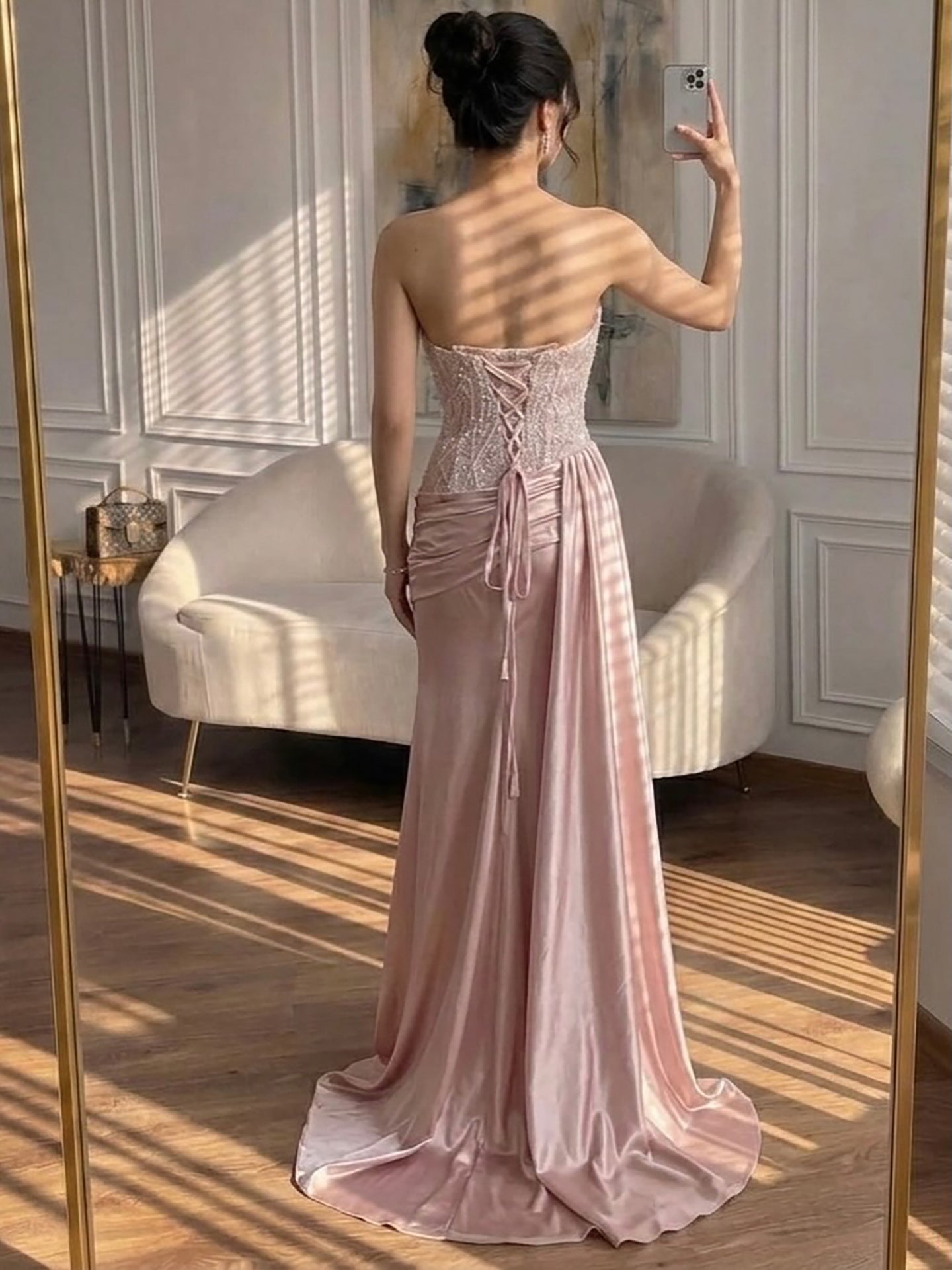 Pink Strapless Satin Mermaid Evening Dress with Slit LA73628
