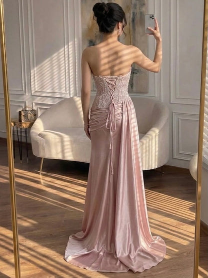 Pink Strapless Satin Mermaid Evening Dress with Slit LA73628
